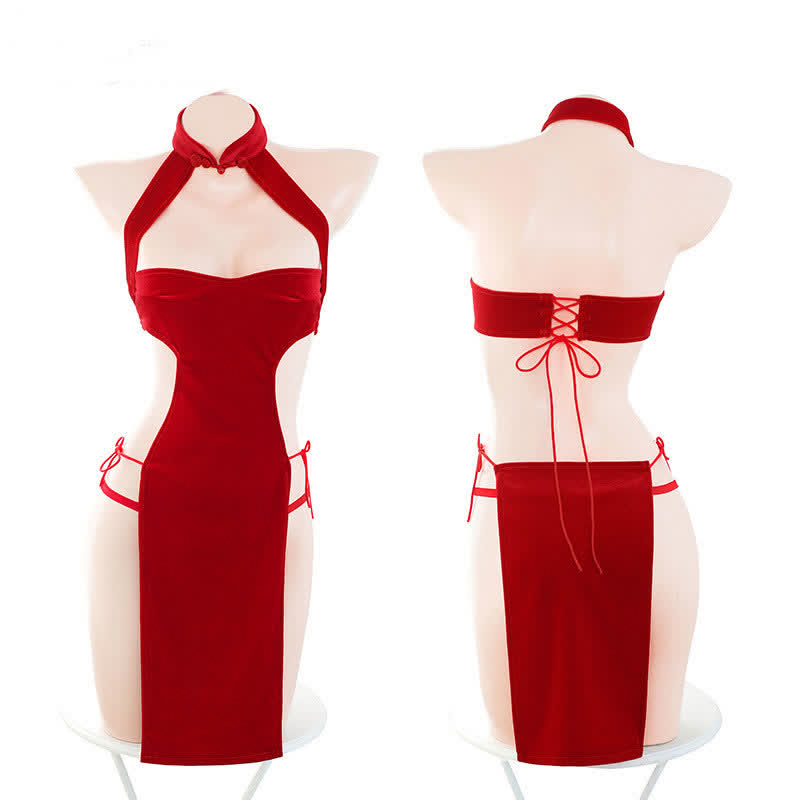Christmas Lace Up High Split Cheongsam Lingerie Dress