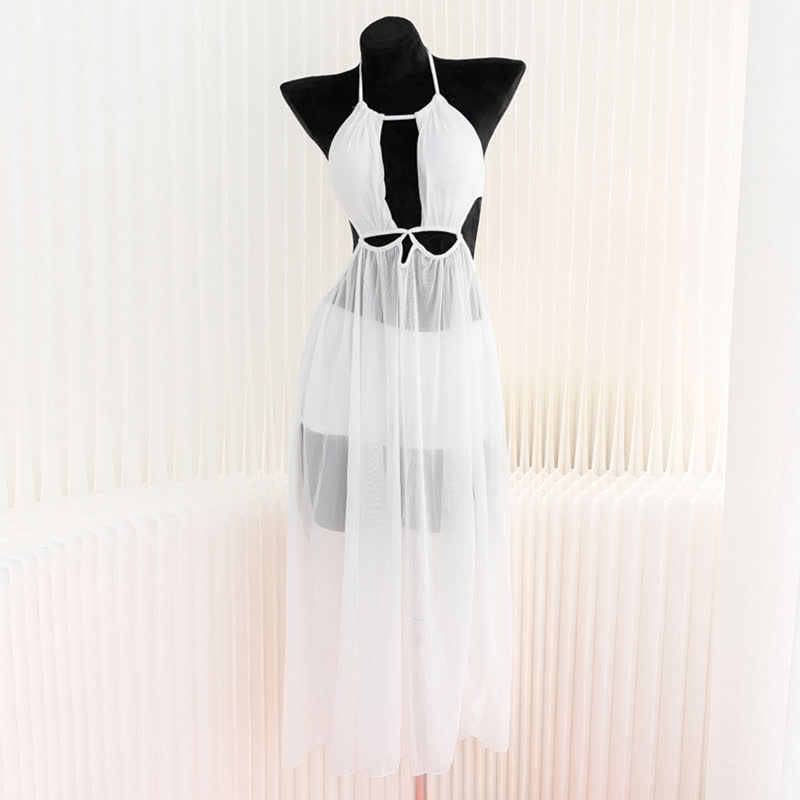 Hollow out See-through Backless Pearl String Slit Lingerie Dress