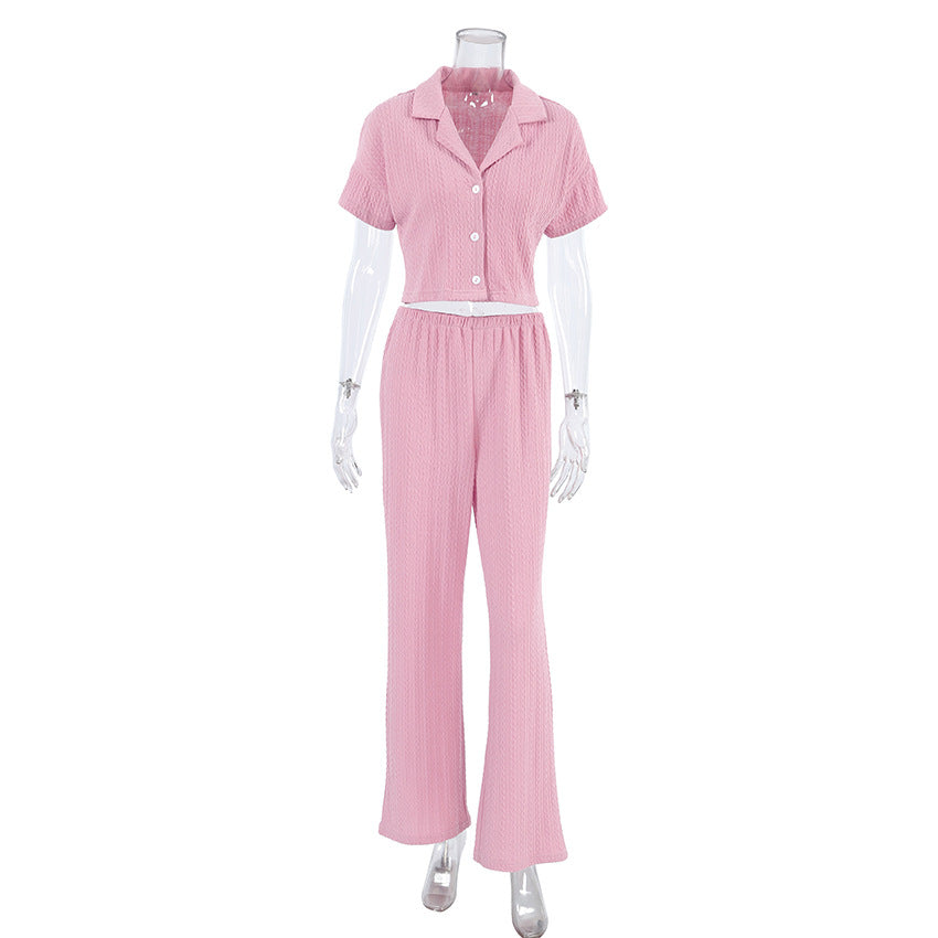 Spring Summer Pajamas Suit Fashionable Knitted Short Sleeved Trousers Hollow Out Cutout Home Wear Women Comfortable