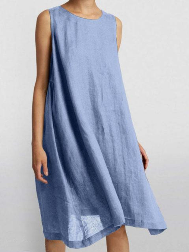 Solid Round Neck Sleeveless A Line Midi Dress