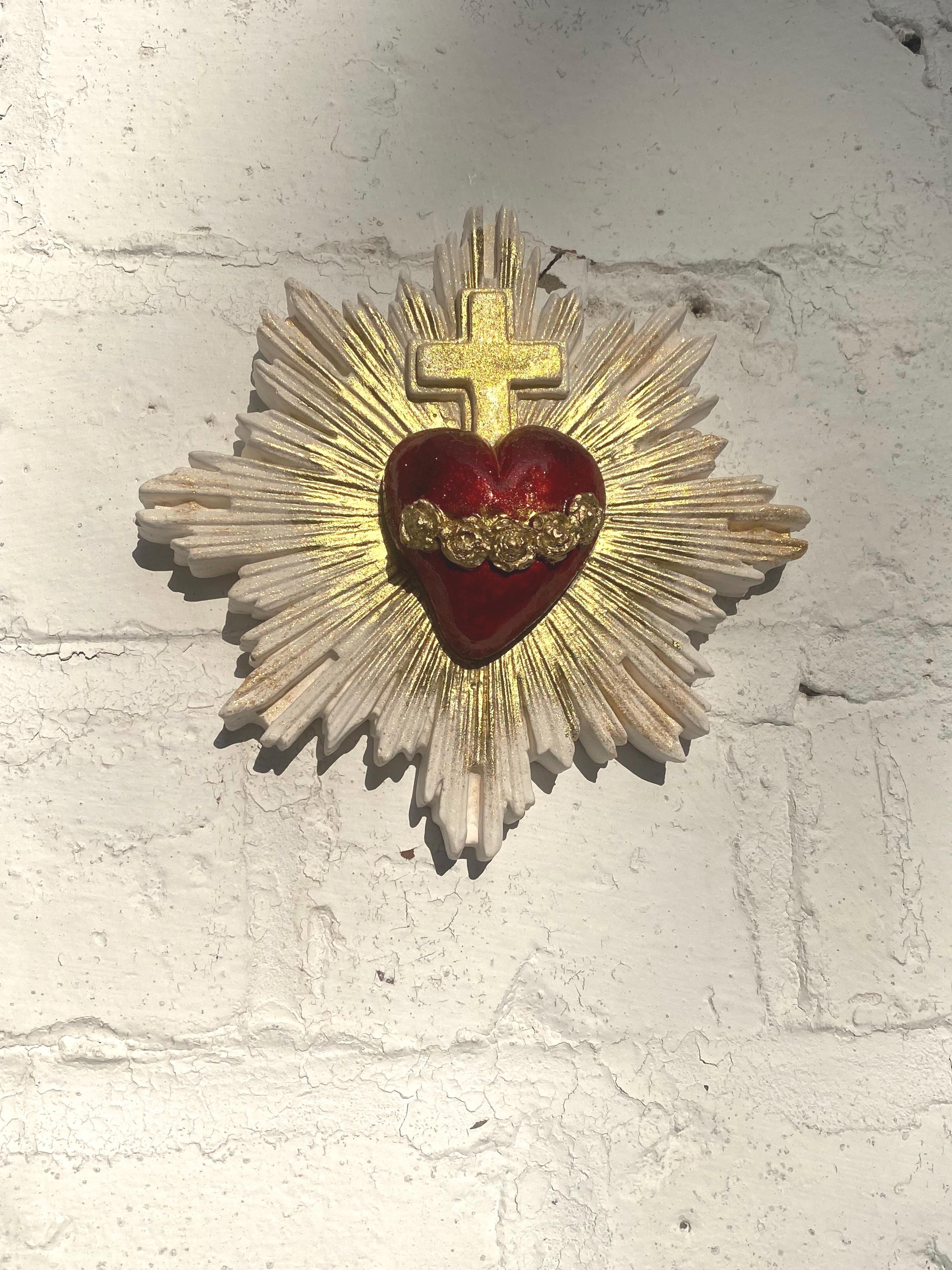 Sacred Heart Wall Decor, Milagro Heart, Flaming Heart & Cross, Handmade.