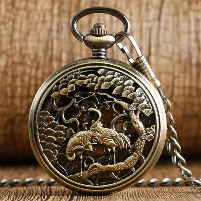 Bronze Hollow Double Crane Case Handwind Mechanical Pocket Watch for Men Pendant Chain Clock Cool Timepiece Relogio De Bolso