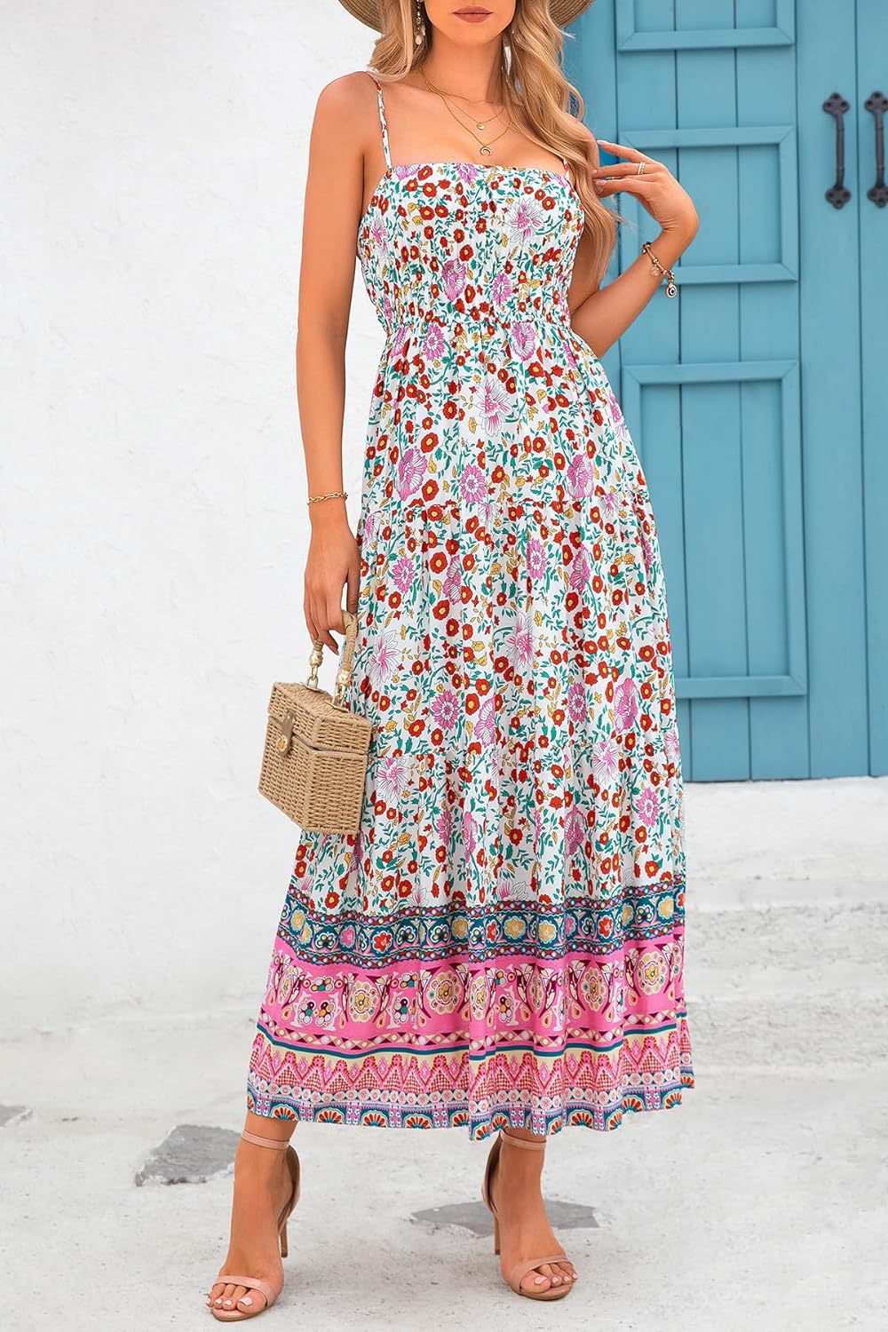 Red and green Retro Floral Bohemian dress with adjustable shoulder straps