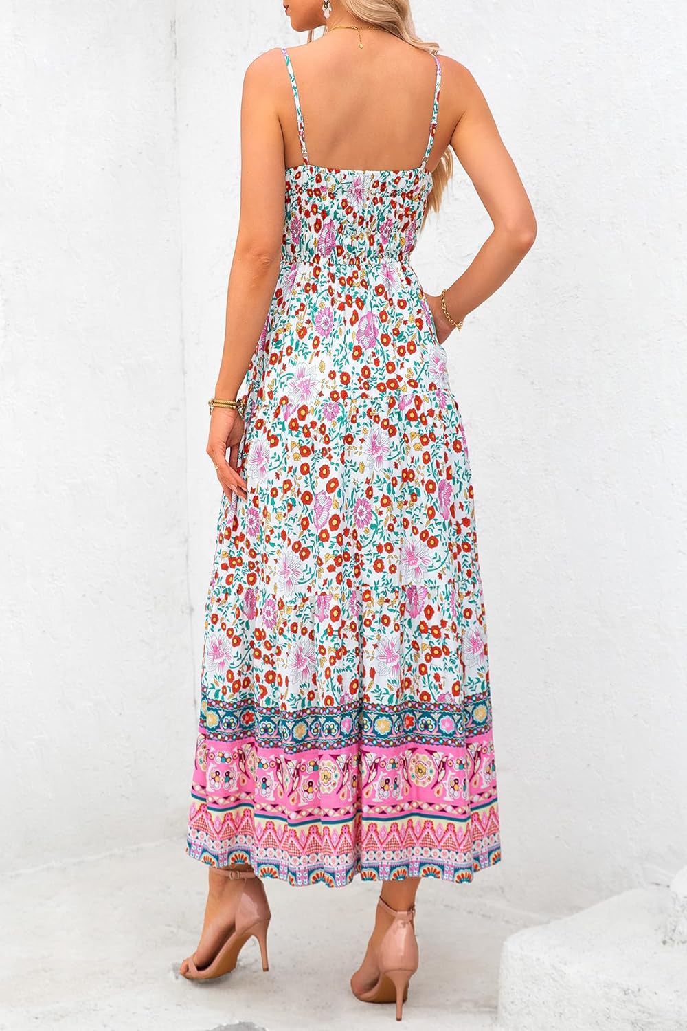 Red and green Retro Floral Bohemian dress with adjustable shoulder straps
