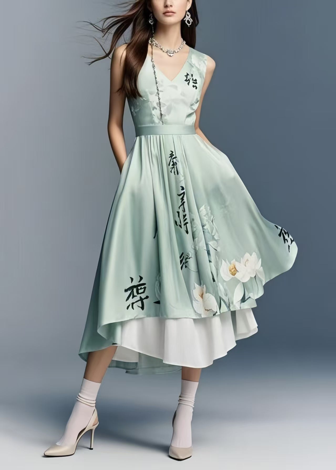 Fine Green Print Exra Large Hem Silk Cami Dresses Summer
