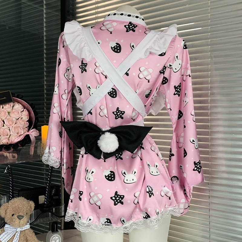 Maid Lace Bow Bunny Print Kimono Lingerie Dress