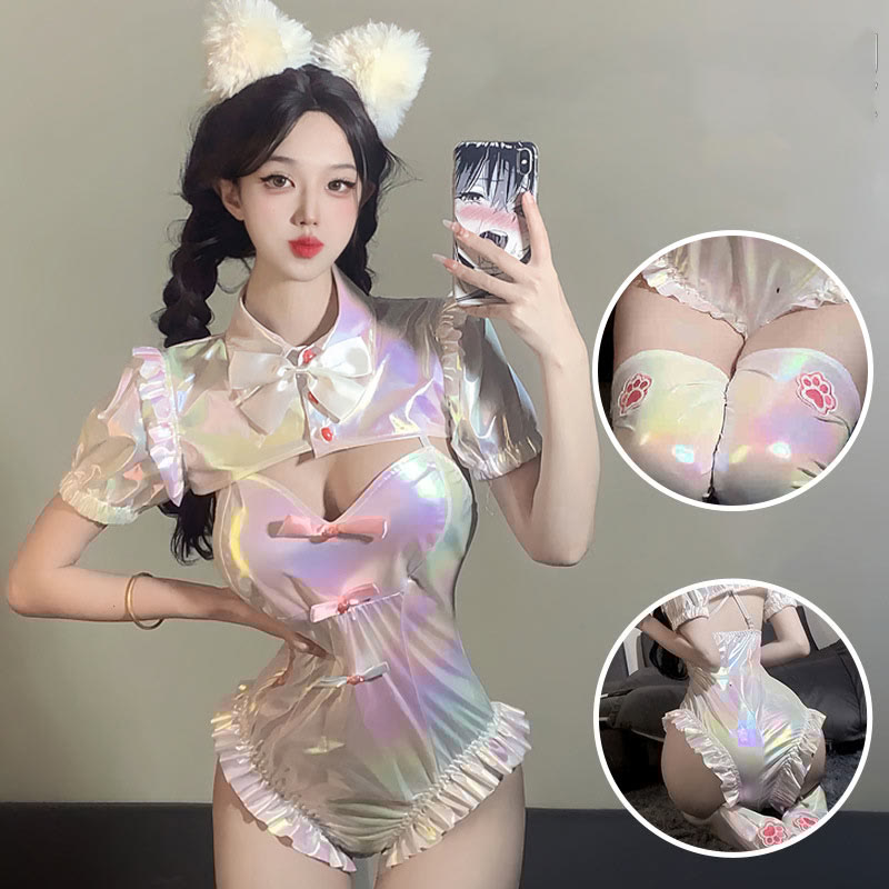 Sexy Hollow Out Bow PU Jumpsuit Lingerie Set