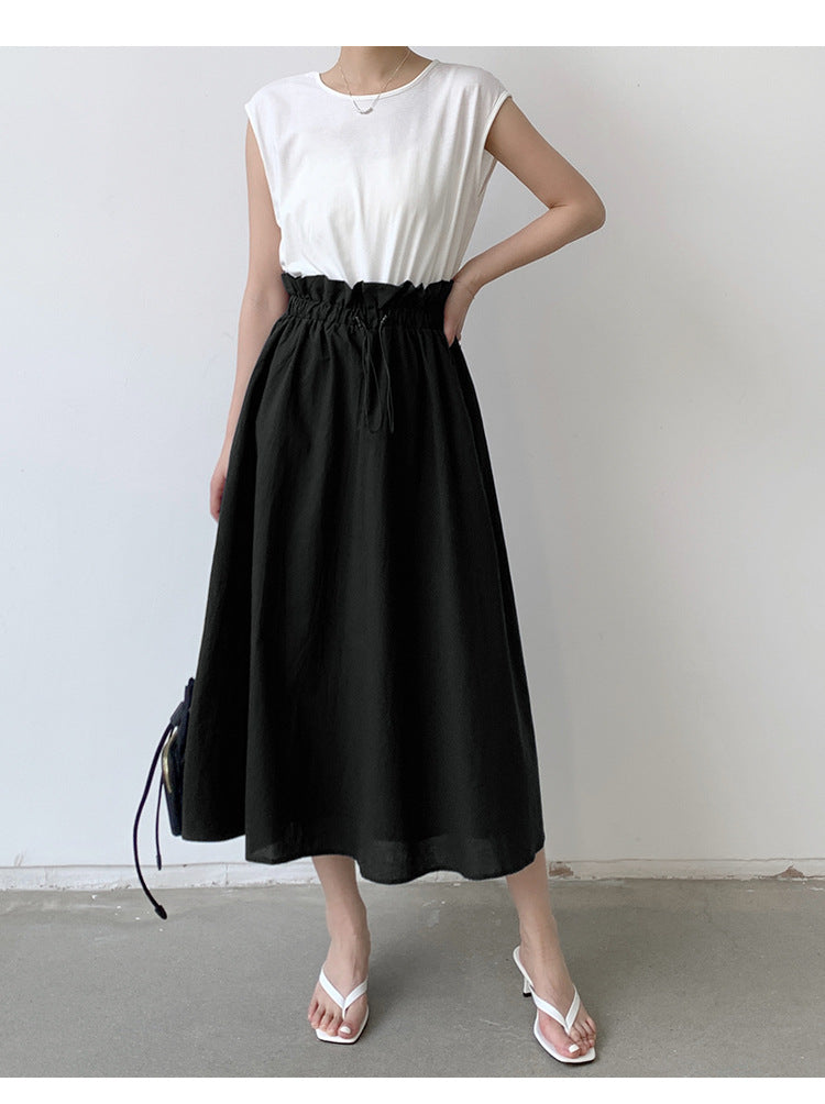 Summer Women Clothing Dress Cotton Stitching Bud Large Swing Dress Loose Waist Contrast Colors False Two Piece