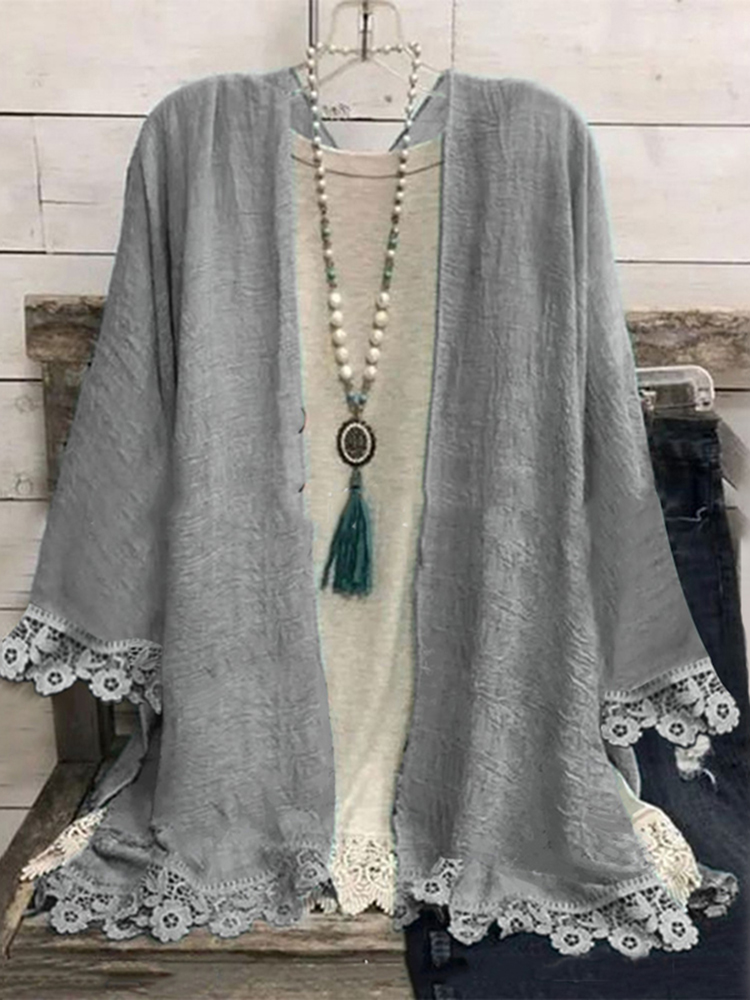Casual Long Sleeve Stitching Lace Solid Color Kimono