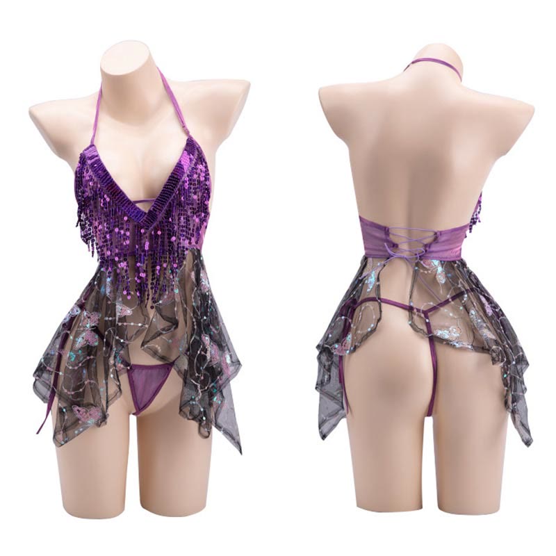 Deep V-neck Sequin Butterfly See-through Lingerie Set