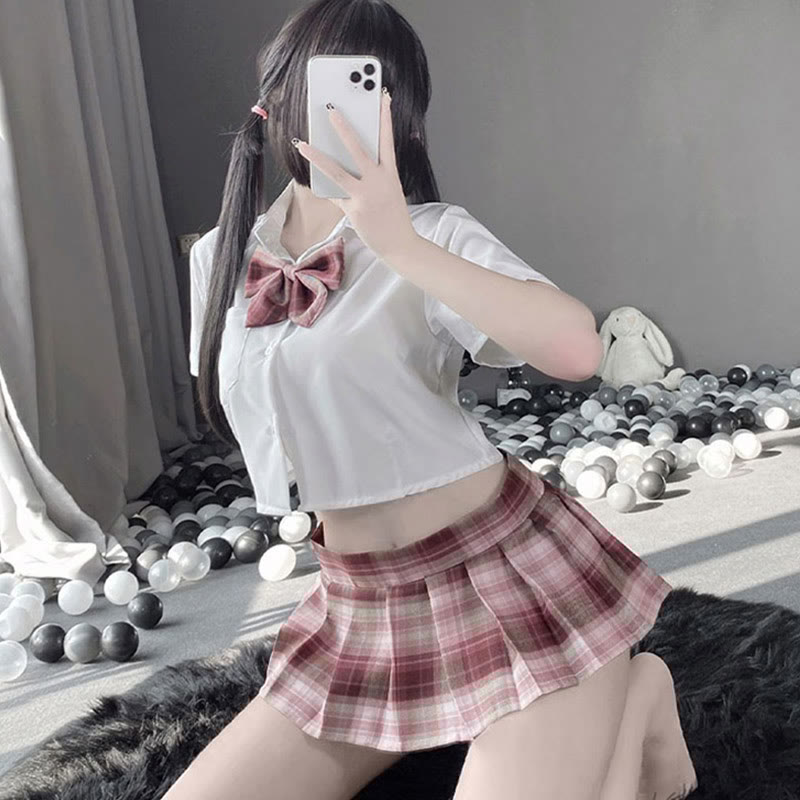 JK Uniform Shirt Plaid Pleated Skirt Lingerie Set