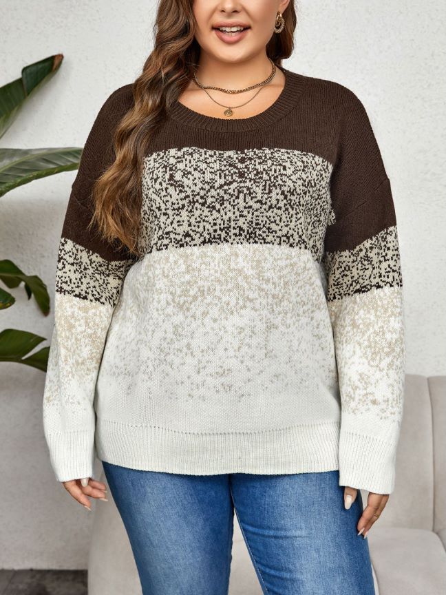 Plus Size Autumn Winter Color Matching Multi Color round Neck Clothing