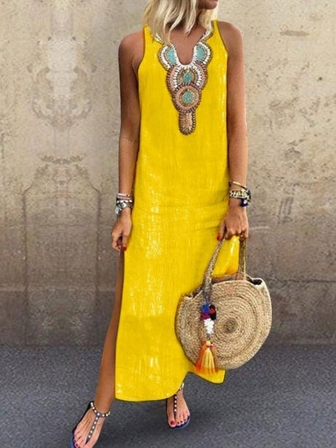 Ladies Cotton Linen V-Neck Sleeveless Dress