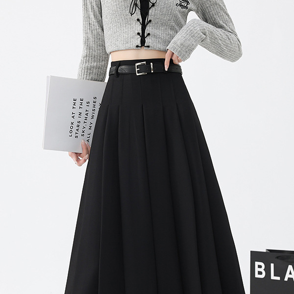 Black High waist show thin pleated skirt belt suit skirt