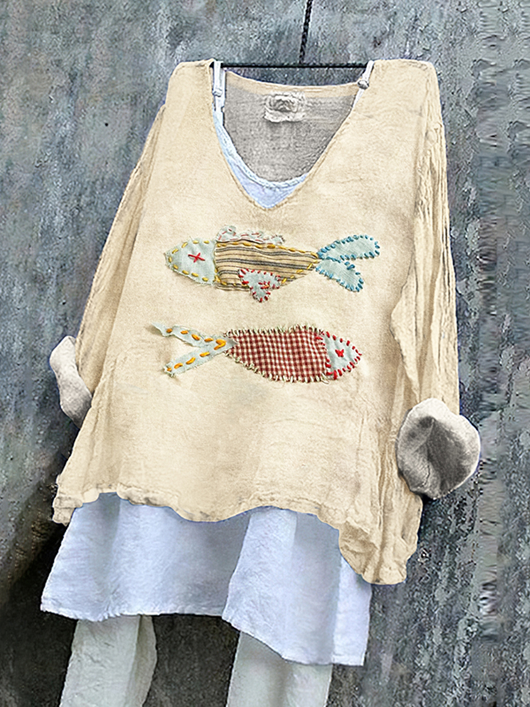 Women's Japanese Style Stitched Fish Art Pattern Vintage Linen Shirt