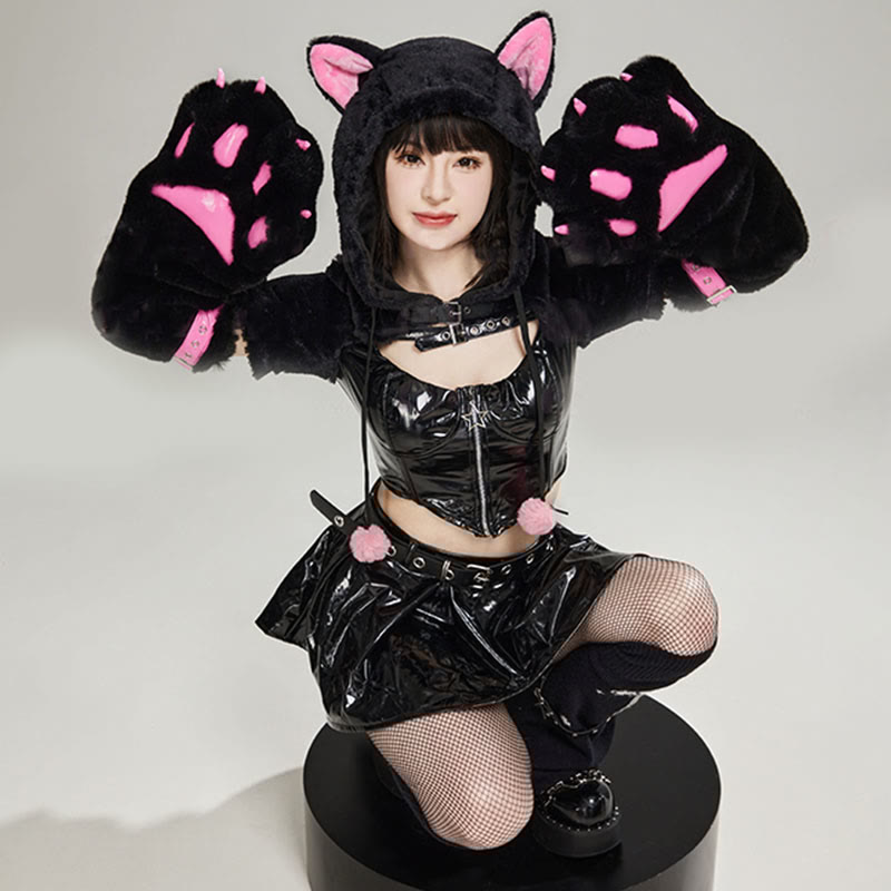 Cosplay Kitty Paw Hooded PU Lingerie Set