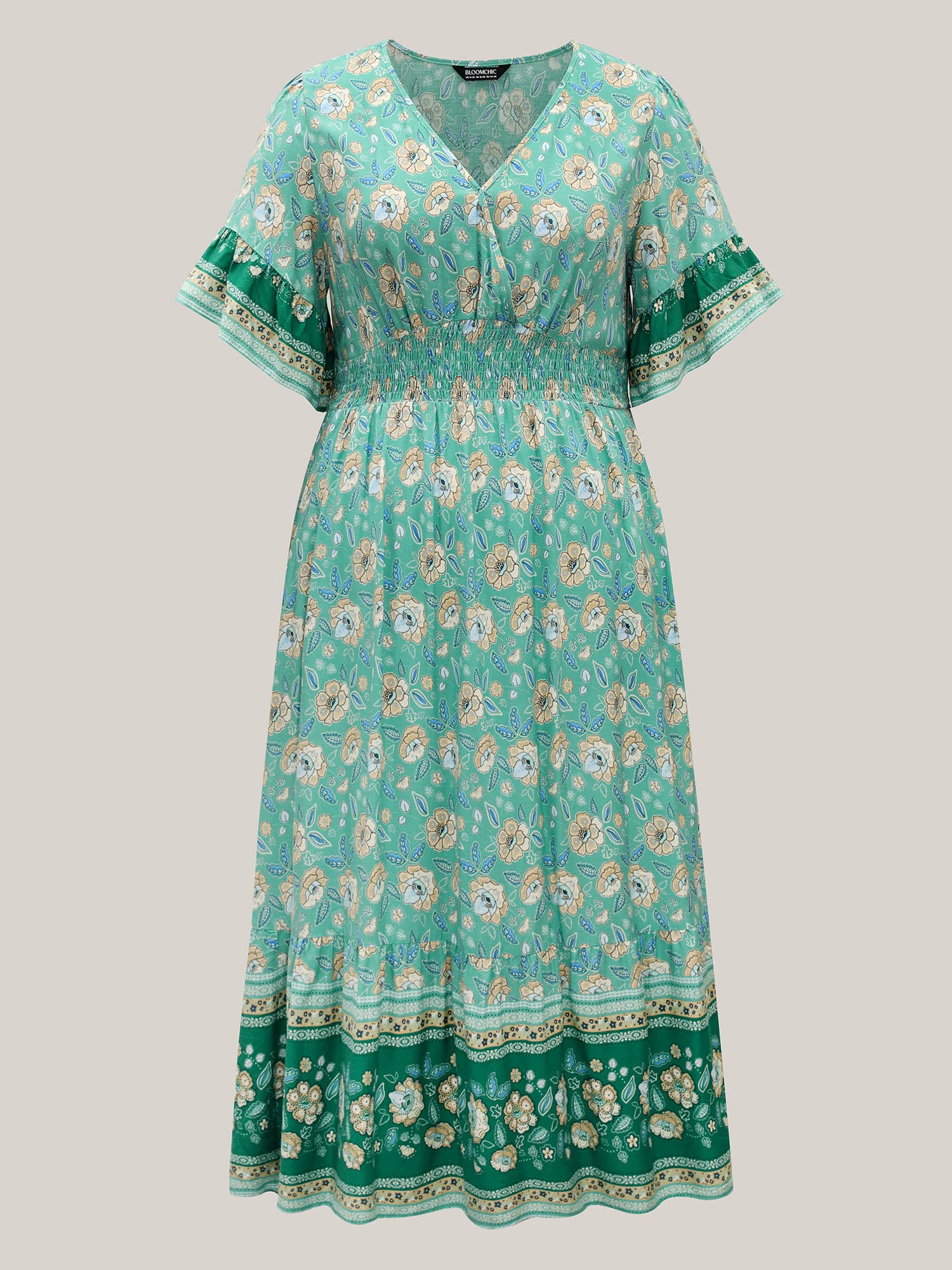 Floral Bell Sleeve Shirred Waist Midi Dress