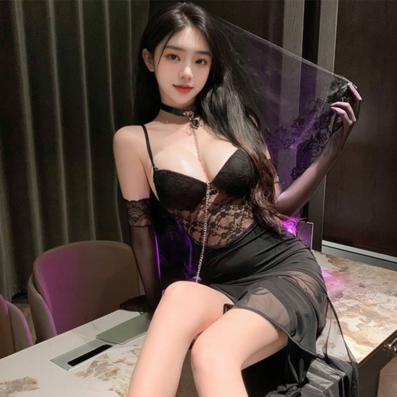 V-neck Lace See-through Slip Lingerie Dress