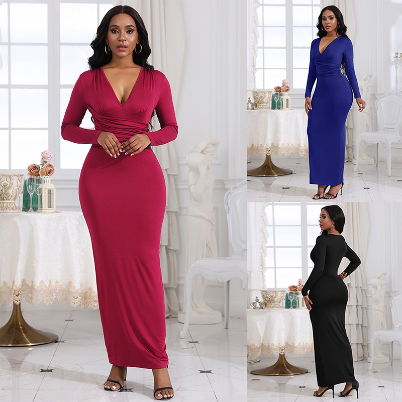 Fashionable sexy v-neck slim pleats solid color long sleeves dress