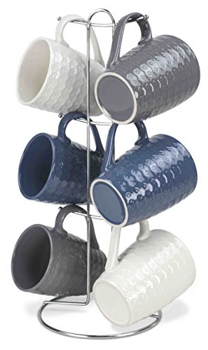 Home Basics 7-Piece Diamond Mug Stand Set 6-Mugs, Navy-Gray-White