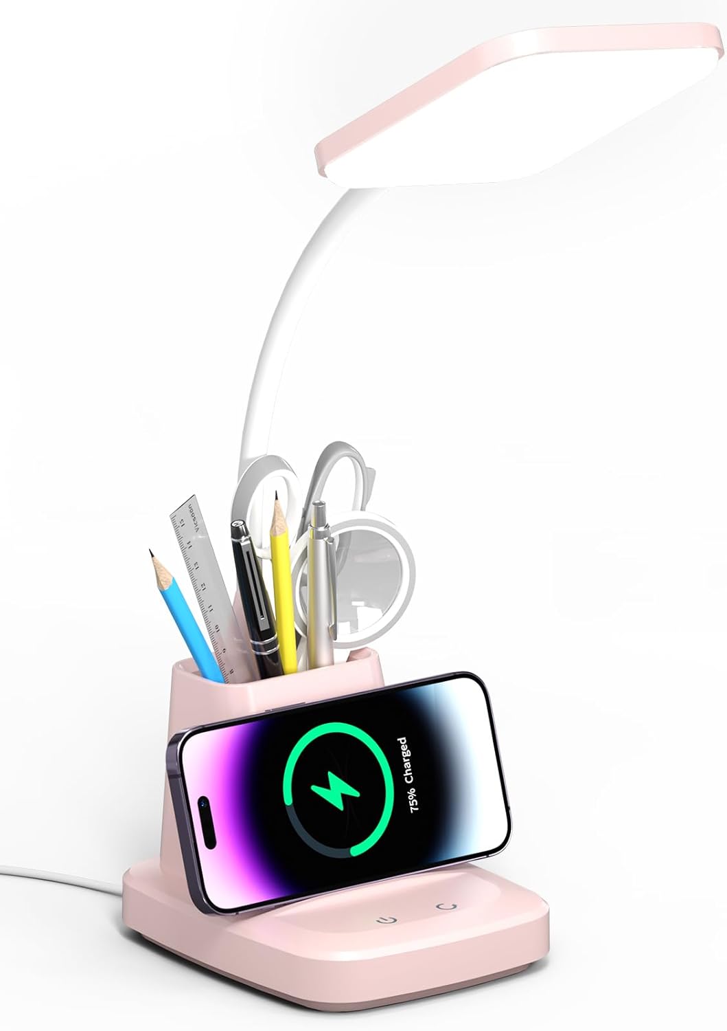 Desk Lamp with Wireless Charger, LED Desk Lamps for Home Office, 800 Lumens, Small Desk Lamp with Pen Holder, Flexible Arm, 3 Modes, Dimming, Touch Lamp for College Dorm Room