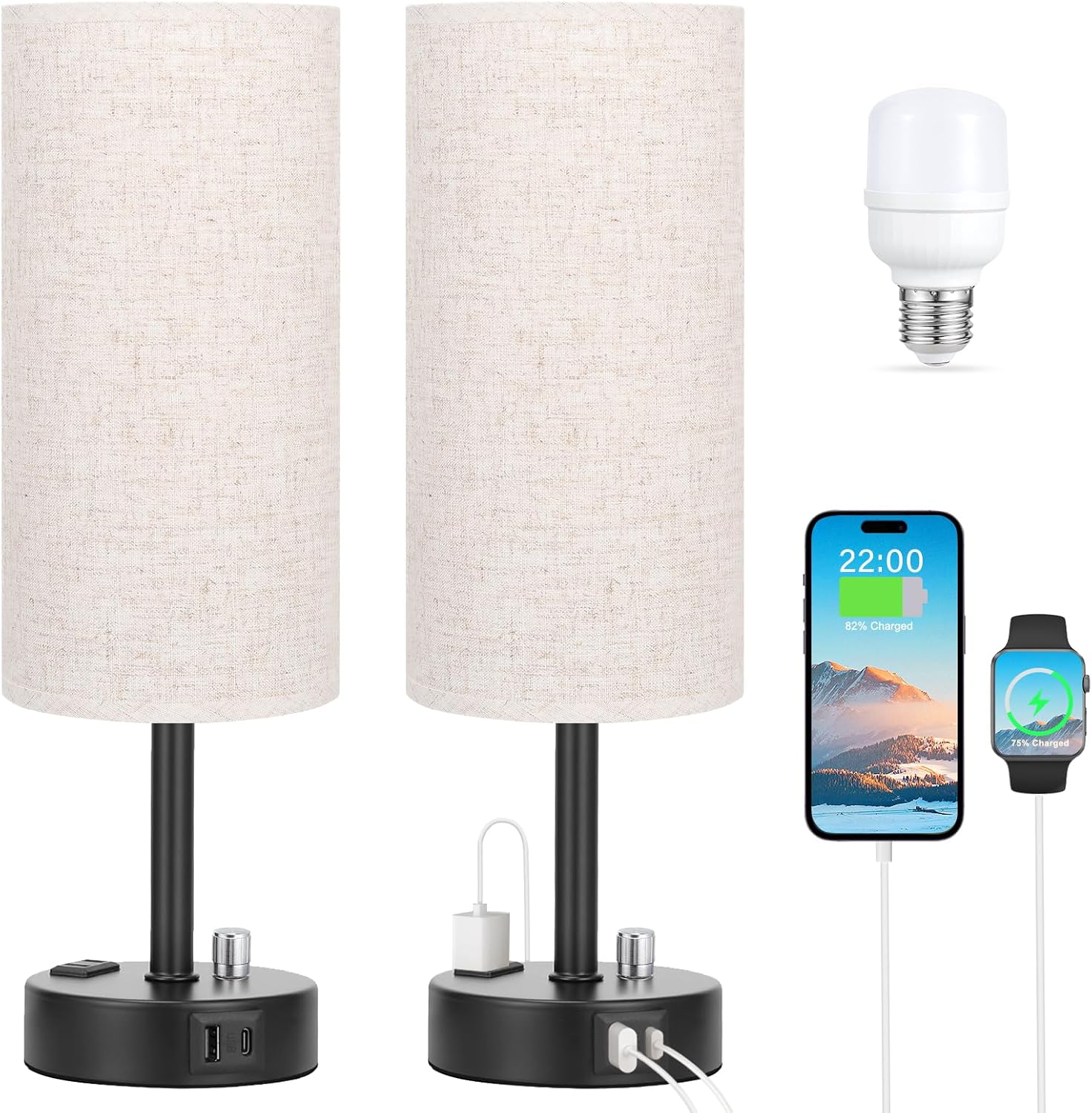 Bedside Table Lamp for Bedroom - 3 Way Dimmable Touch Lamp USB C Charging Ports and AC Outlet, Small Lamp Wood Base Round Flaxen Fabric Shade for Living Room, Desk, LED Bulb Included