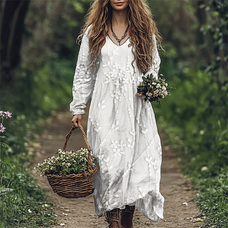 Classy Floral Embroidered Lace Linen Blend Flowy Maxi Dress