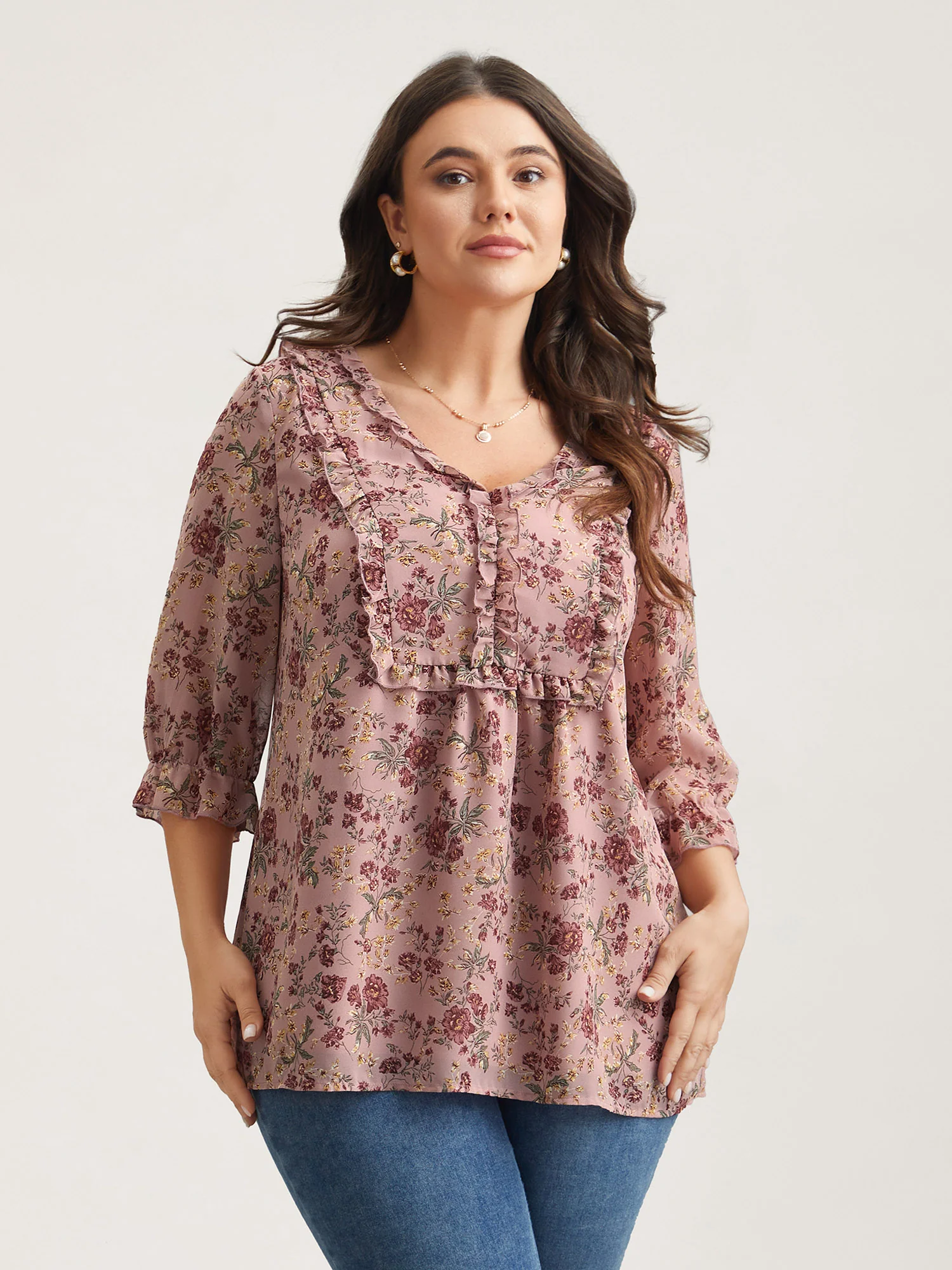 Chiffon Floral Print Ruffled Neck Flowy Shirt