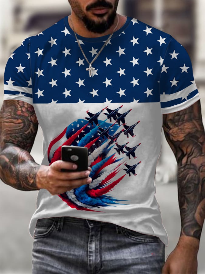 Men's American Flag Jet Fighter Printed Round Neck T-Shirt