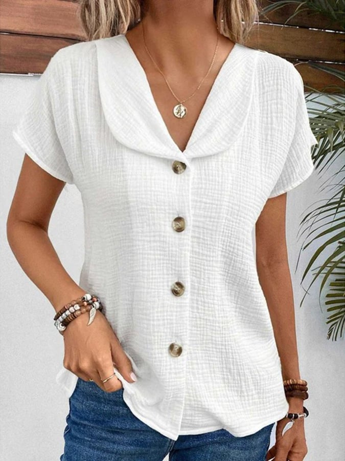 Women's Textured Fabric Dolly Collar Button Design Casual Shirt