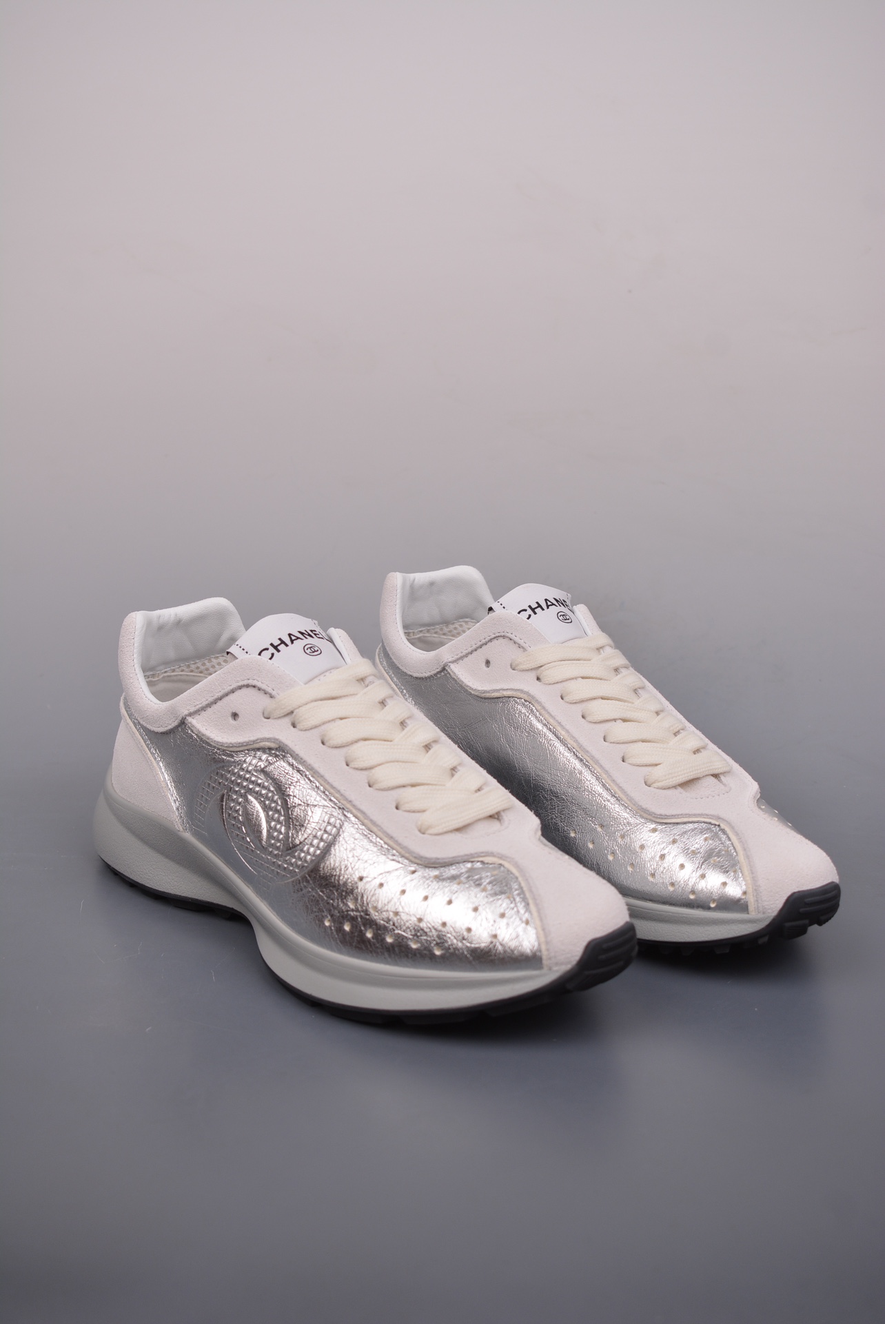 Chanel A25 CC Calfskin Trainers Sneaker Silver White