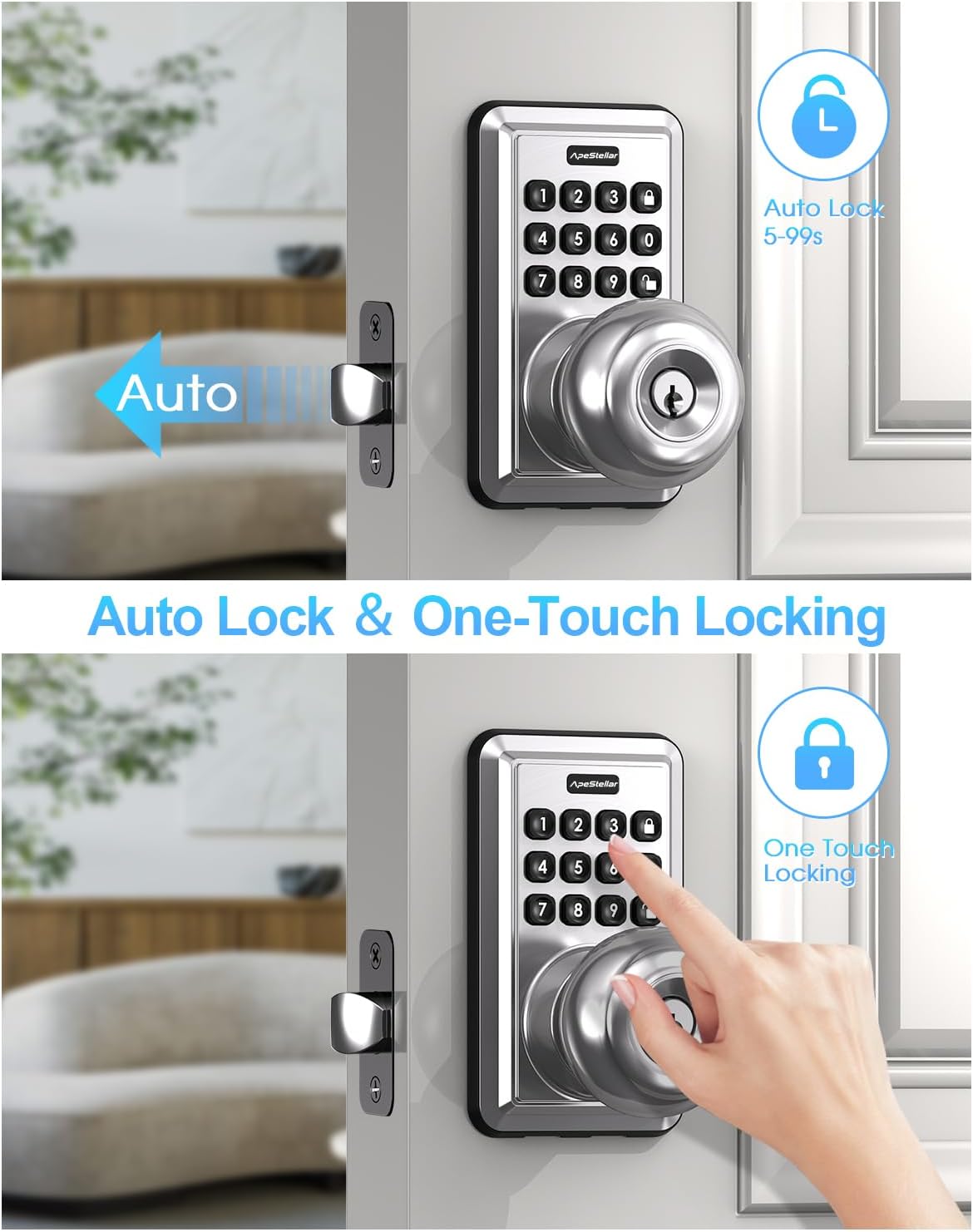 Door Knob with Keypad, Door Lock with Code, Keyless Door Knob, Auto Lock,50 User Code,Waterproof, Easy to Install and Program for Bedroom Garage Office Gate - Satin Nickel -ApeStellar