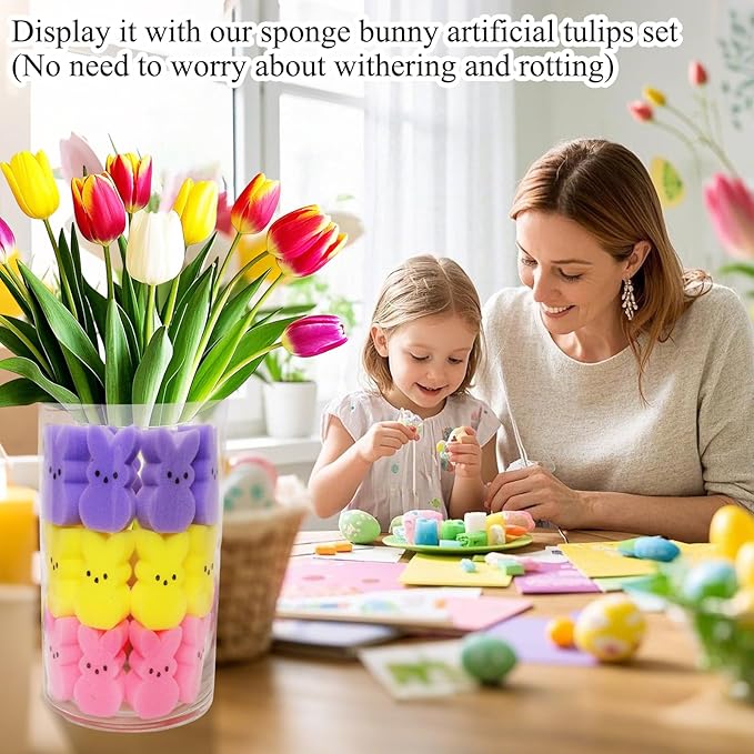 🔥On Sale🔥Easter Sponge Bunnies Vase Filler with Artificial Tulips Flowers