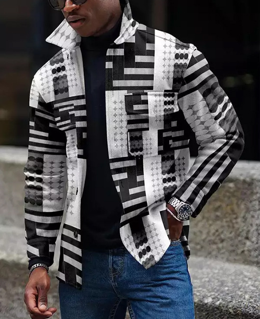 Men's Casual Black White Stripe Print Long Sleeve Jacket
