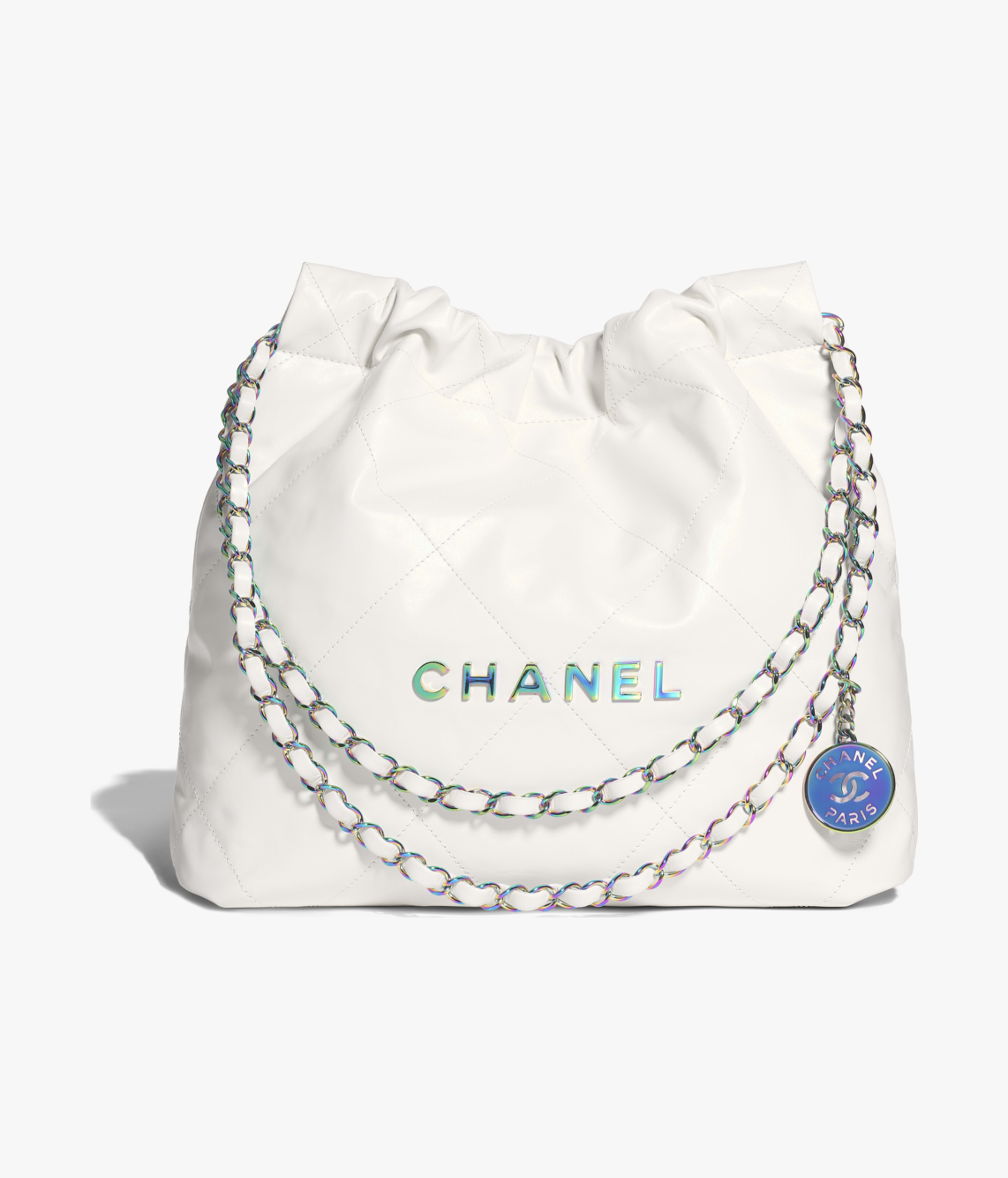 CHANEL 22 Small Handbag Shiny Calfskin & Rainbow Metal White AS3260-B15000-10601