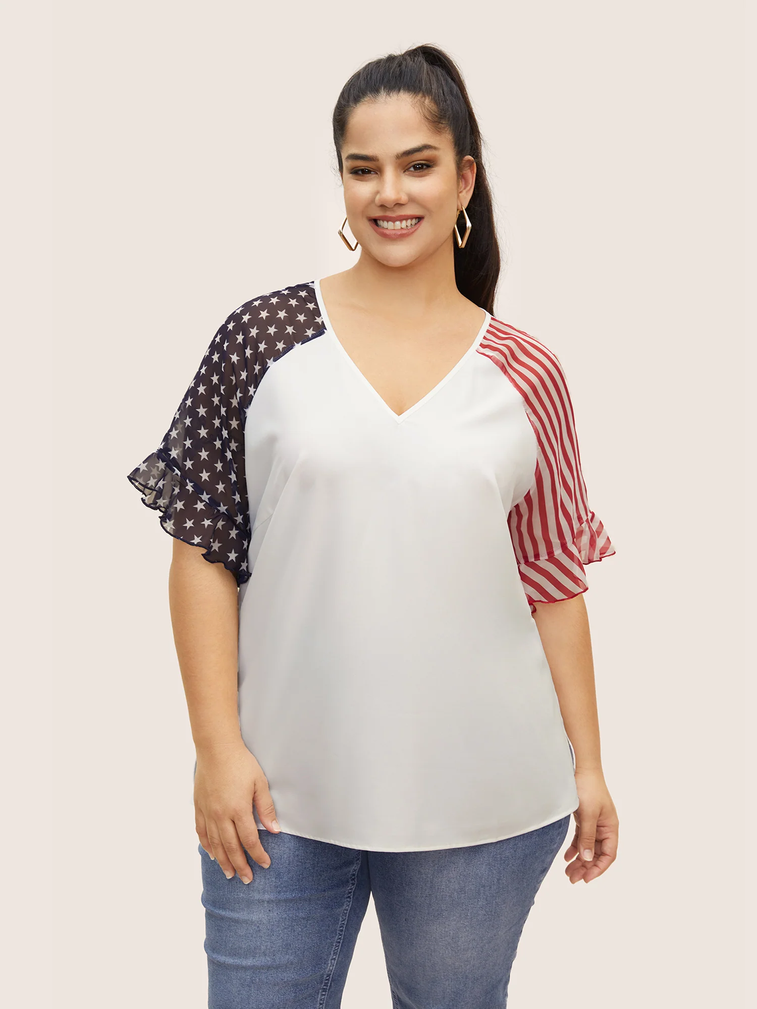 Star & Striped Ruffles Raglan Sleeve Blouse