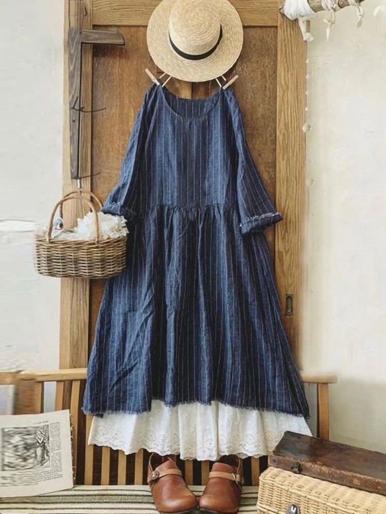 Retro Round Neck Long Sleeve Gathered Loose Linen Maxi Dresses
