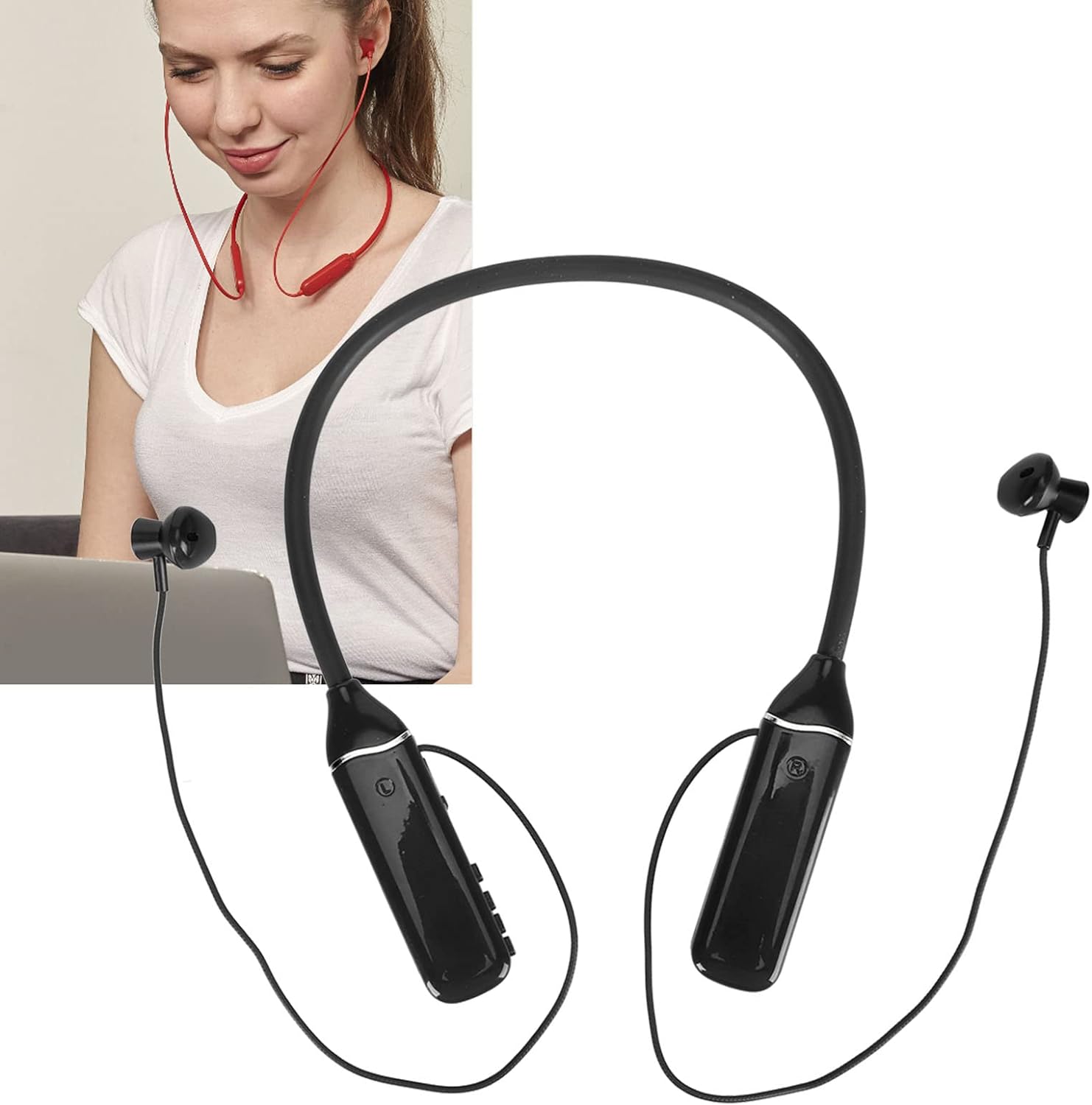 Bluetooth Neckband Headphone, Neckband Earphones Wireless, LED Power Display Memory Card Playback Magnetic Earbuds Headset with RGB Backlight (Black)