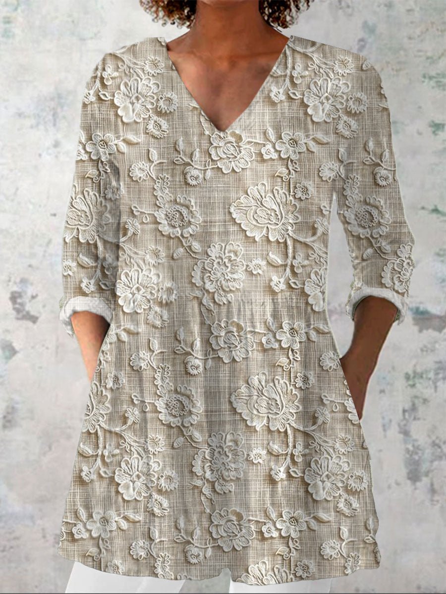 Women's Cotton And Linen Embroidered Printed V-Neck Stitching Top