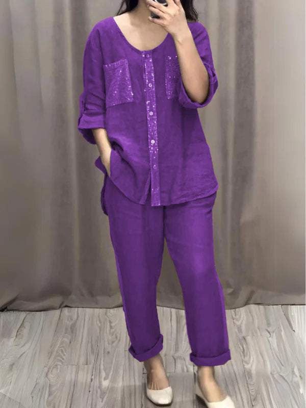 Sequined Round Neck Mid-sleeve Two-piece Suit (Buy 2 Sets Free Shipping)