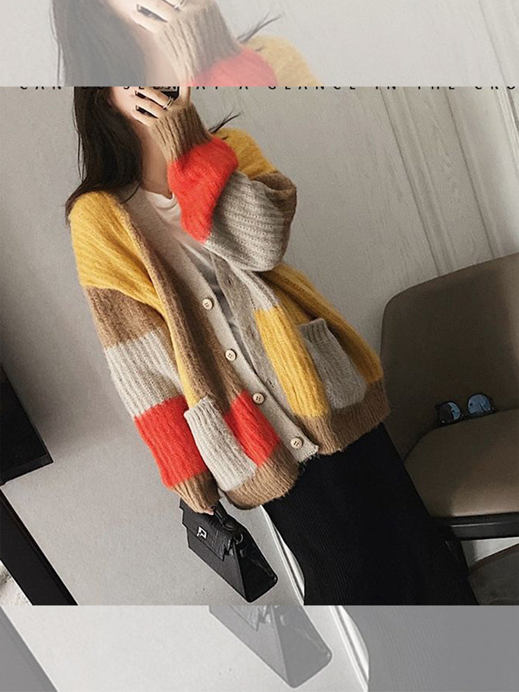 Lazy Wind Match Color Knitted Coat: Loose V-neck Fashion Mid-length Sweater Cardigan for Women