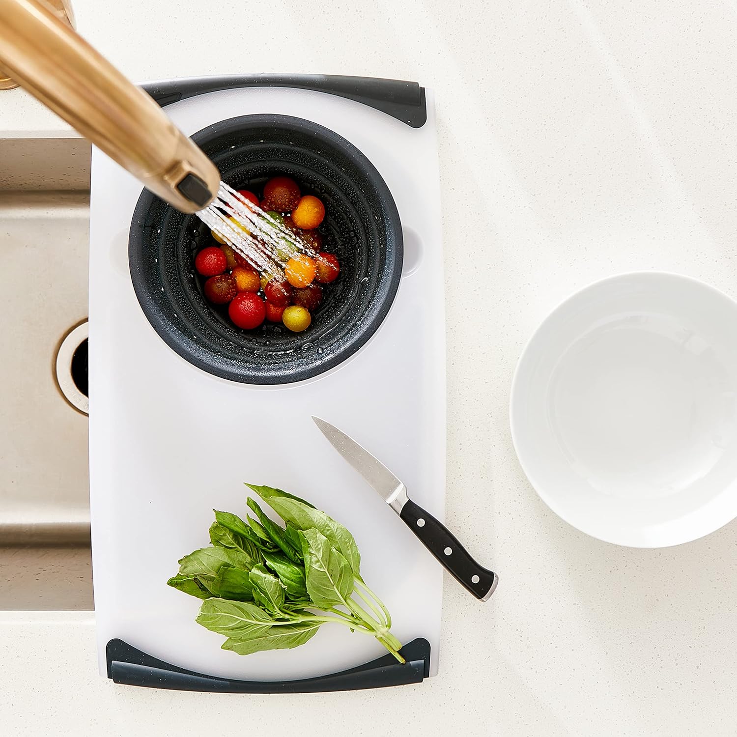 🔥Last Day 50% OFF🔥Over-the-Sink Flax Cutting Board with Collapsible Colander
