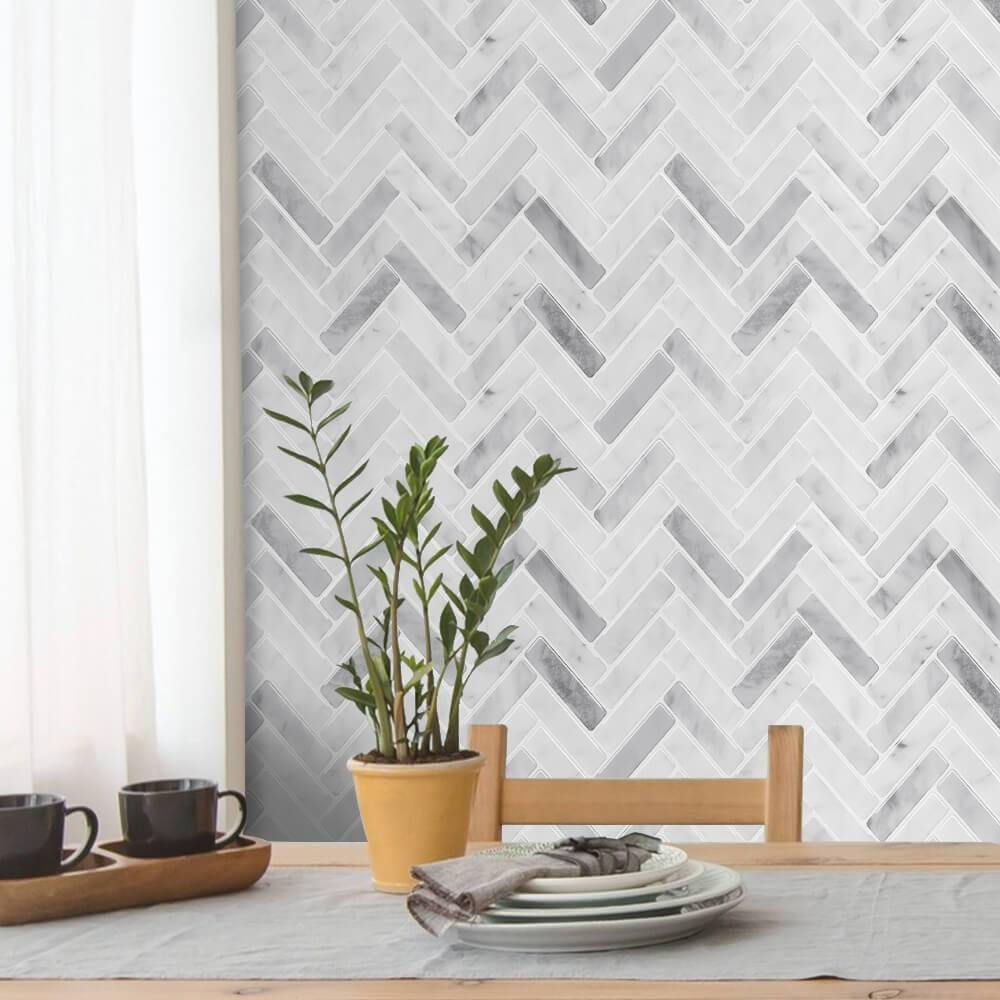 White Marble Herringbone Backsplash Peel and Stick Tile - Thicker Design