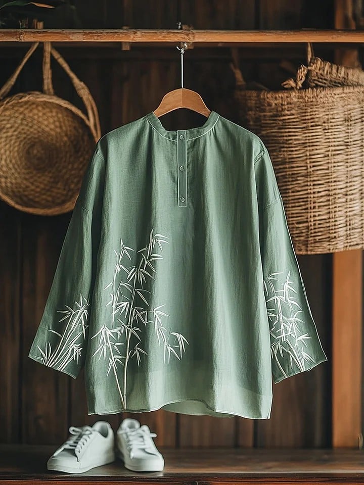 Women's Bamboo Embroidery Japanese Art Half Button Shirt