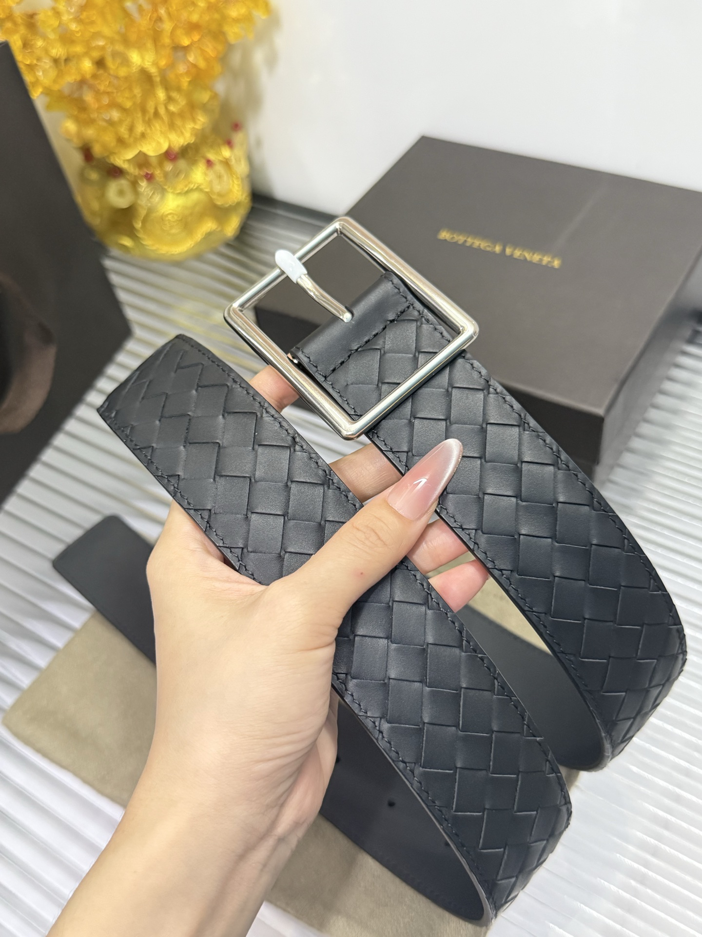 Bottega Veneta pin buckle classic woven leather belt width 4.0cm