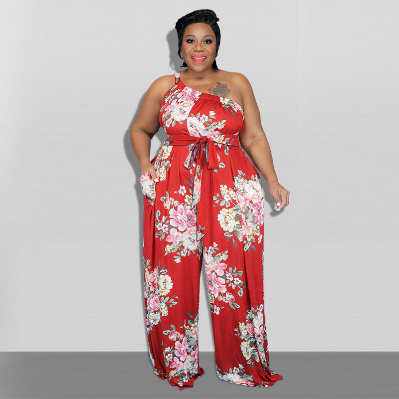 Plus Size Women Clothing Summer Large Floral Printing Casual Jumpsuit