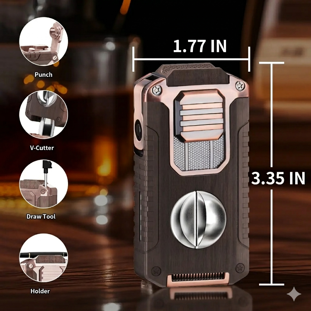 5-in-1 Butane Torch Lighter, Refillable Jet Flame Lighter with V-Cutter, Punch, Holder and Draw Tool, Multi-Functional Accessories Gift for Men, Dad, Husband, Friend