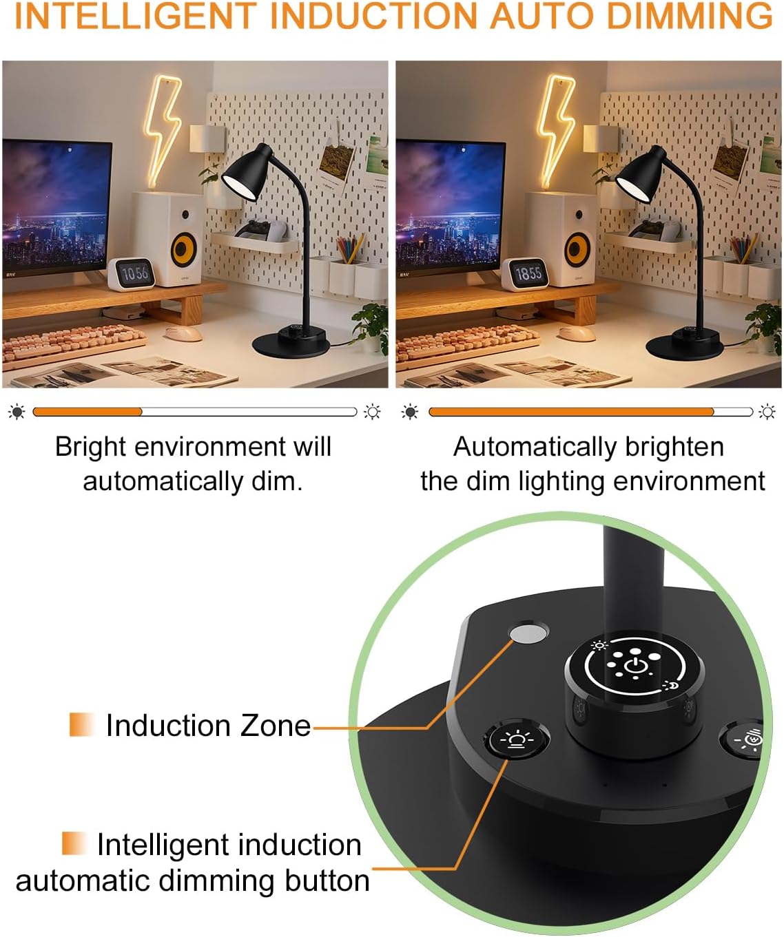 BOHON LED Desk Lamp with USB Charging Port 3 Color Modes Dimmable Reading Light Intelligent Induction Auto Dimming Task Lamp Flexible Gooseneck Table Lamp for Bedside Office, AC Adapter Include