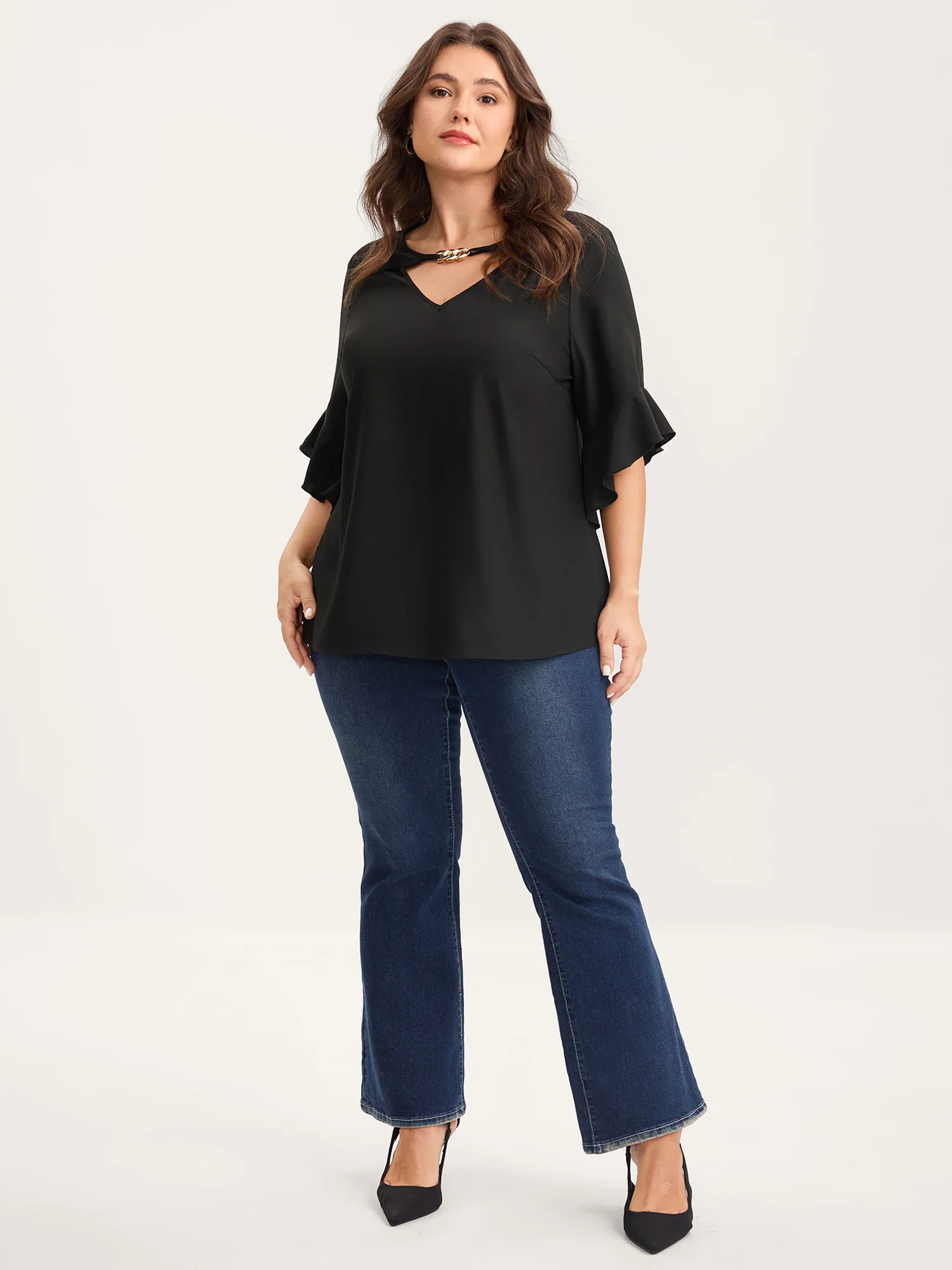 Metallic Neck Detail Ruffled Solid Blouse