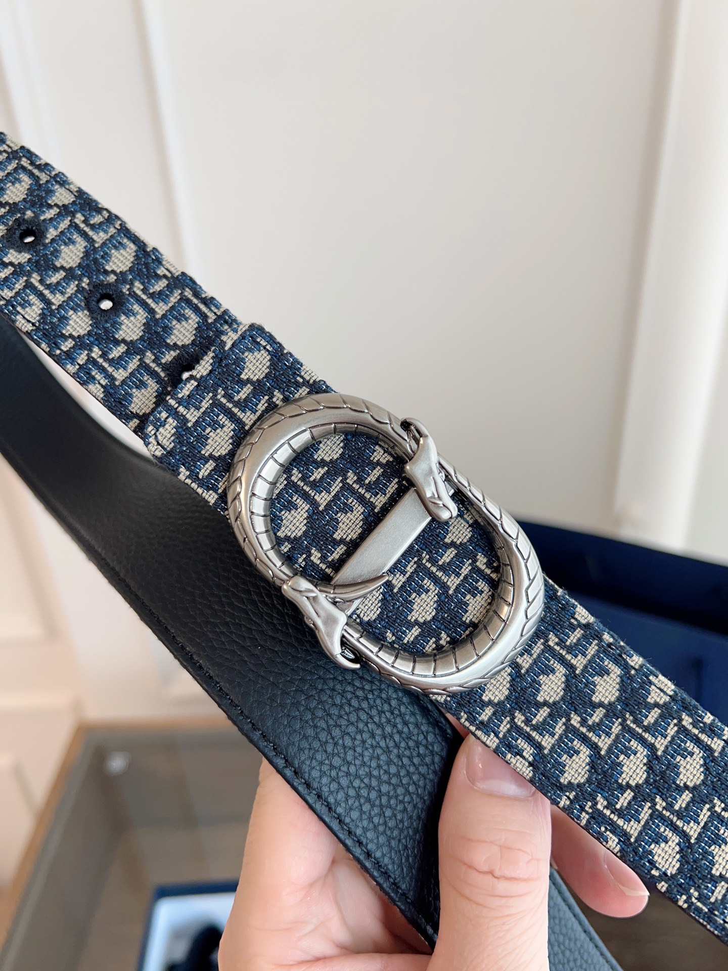 Dior Oblique blue cloth and black leather belt width 3.5CM